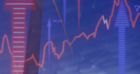 Displaying financial chart with jagged red line 50.03 label on monitor, with blue and purple arrows. Finance, data visualization, analytics, digital dashboard, stock market, investment, technologyの写真素材