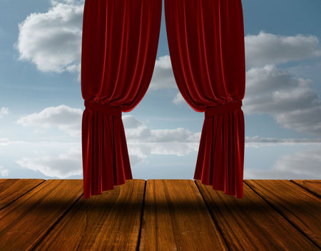 Flat design illustration showing red velvet curtains opening to cloudy sky over wooden plank floor. Theatrical, stage, outdoor, performance, elegant, nostalgic, minimalistの写真素材