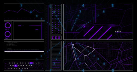 Displaying dashboard on PC screen with neon graph, gauges, code panel, data list and street maps....