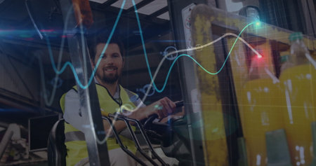 Operating forklift driver wearing safety vest steering controls at warehouse, with digital overlay....