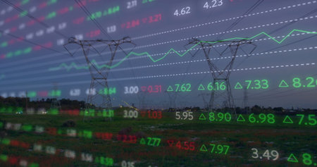 Showing transmission towers stretching across grassy field with digital numeric line graph overlay....