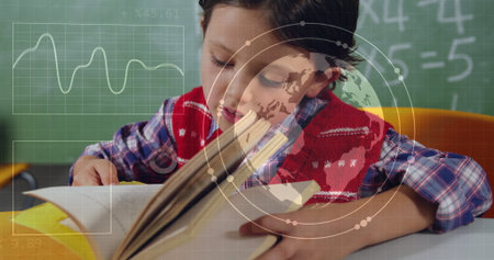 Reading student wearing red vest at wooden desk in classroom, open book, chalk equations, overlays....