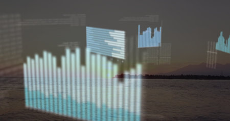 Displaying translucent bar chart overlay hovering above lake at dusk, with data panels, grid lines. Serenity, analytics, data visualization, digital, outdoor, modern, innovationの写真素材