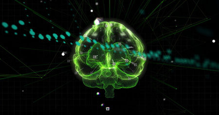 Floating neon green wireframe brain hovering in cyberspace, with glowing nodes and teal streaks....