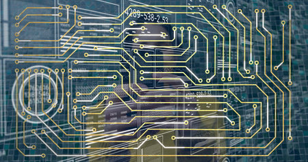 Visualizing mid adult male pressing temples in virtual grid, with golden circuits and data screens. Futuristic, digital, technology, cybernetic, algorithm, innovation, dataの写真素材
