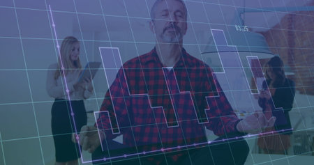 Meditating man sitting cross-legged on chair at modern office, with digital graph overlay....