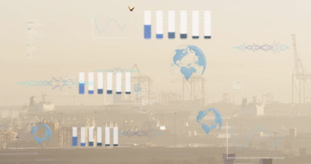 Displaying gantry cranes and cargo ships looming at hazy harbor docks, with digital data overlays....