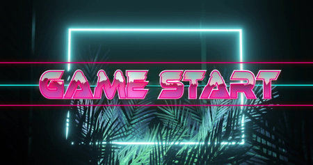 Bold pink neon GAME START sign glowing in retro-futuristic digital set, with neon and palm fronds....