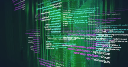 Moving code lines and green data bars across virtual interface, with holographic effect. Futuristic,...