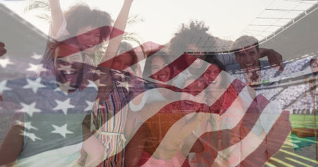 Cheering group raising arms and smiling at sports stadium, with US flag overlay and playing field....