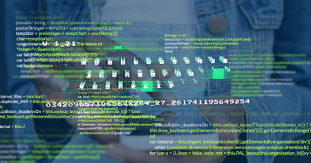 Coding software developer wearing denim shirt using floating code snippets and file icons in office....