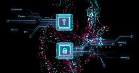 Displaying holographic key and padlock icons floating in digital space, with swirling data streams. Futuristic, cyber, technology, security, digital, innovation, dataの写真素材