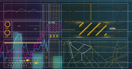 Displaying analytics interface panels on grid backdrop, with line charts and circular gauges....