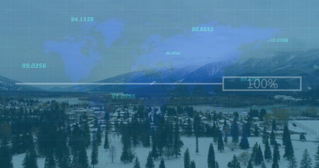 Sitting snow-covered town at mountain valley, with world map overlay, coordinates and progress bar. Winter, landscape, geography, navigation, exploration, serenity, technologyの写真素材