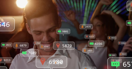 Smiling man in button-down shirt checking smartphone in club under LEDs, with notification icons....