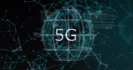 Highlighting bold 5G lettering over wireframe globe in abstract digital network, glowing nodes....