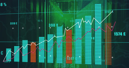 Displaying chart showing market trends on dashboard with teal bars, line graphs, green code streams. Technology, finance, analytics, data, innovation, interface, metricsの写真素材