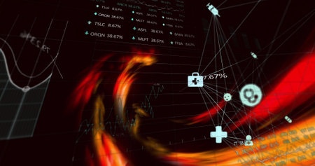 Swirling red ribbon showing stock tickers on grid with briefcase stethoscope cross pill icons....