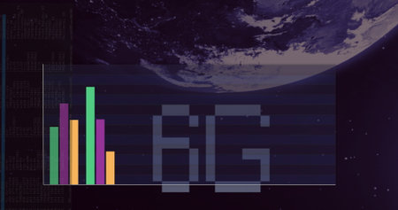 Displaying colorful bar chart and 6G glyph over Earth horizon in star field, with code overlay....