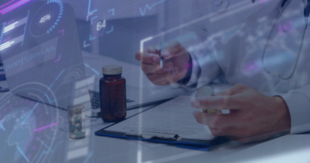 Doctor wearing coat and stethoscope holding prescription pill and bottle at desk, digital overlays....