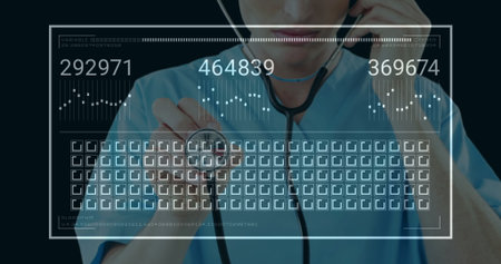 Adjusting male doctor examining holographic numeric data interface in studio, holding stethoscope. Medical, technology, futuristic, digital, healthcare, analysis, innovationの写真素材