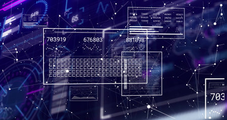 Displaying data panels with numerical readouts and bar charts at office desk, network nodes....