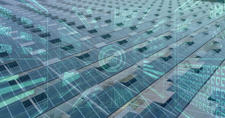 Displaying reflective solar panels streaming real-time analytics data on rooftop, with HUD overlays....