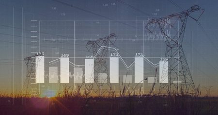Lattice transmission towers rising in country grassland, with translucent bar chart and line graph. Energy infrastructure, digital data, landscape, technology, renewable, sustainability, visualizationの写真素材
