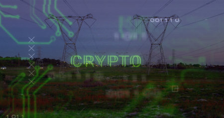 Overlaying crypto graphics flowing across rural grassy plain, with steel towers and power lines....