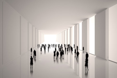 Tiny figures in white hallの写真素材