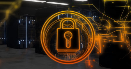 Showing orange padlock icon with overlay hovering in data center corridor, with black server racks....