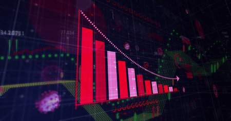 Animating bar chart arrow descending in grid with candlesticks, virus icons and globe mesh. Data, analytics, visualization, technology, digital, futuristic, scienceの写真素材
