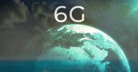 Emerging glowing teal Earth globe rising from ocean under dark starry sky, with large 6G text. Futuristic, technology, digital art, innovation, sci-fi, space, connectivityの写真素材