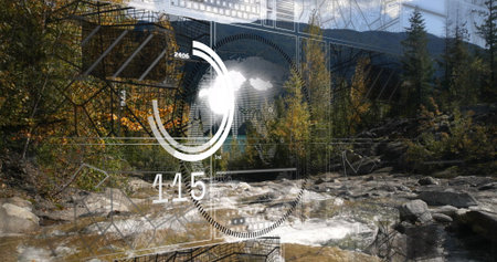 Floating transparent digital interface overlay at mountain stream, rocky banks, with autumn foliage....