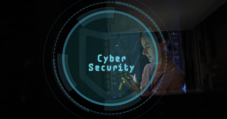Network engineer connecting cables in data center, with cybersecurity overlay, copy space....