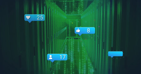 Glowing server cabinets showing green code overlay in data center corridor, with notification icons....