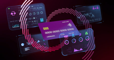 Displaying purple bank card floating in cyberspace, with charts, money bag and lock icons and rings. Futuristic, technology, cybersecurity, digital, financial, data visualization, innovationの写真素材