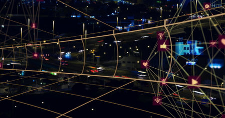 Glowing data grid overlaying elevated multilane urban highway at night, with heart and Wi-Fi icons....