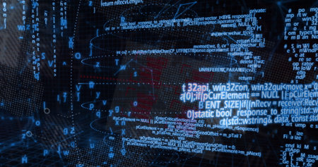 Displaying floating code overlay in cybersecurity dashboard, with glowing wireframe mesh and nodes....