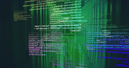 Flowing binary streams with source blocks drifting through digital matrix, glowing data streams....