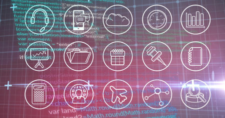 Displaying stylized business technology icons over red grid, with code and data chart overlays. Digital, innovation, analytics, interface, connectivity, data, modernの写真素材