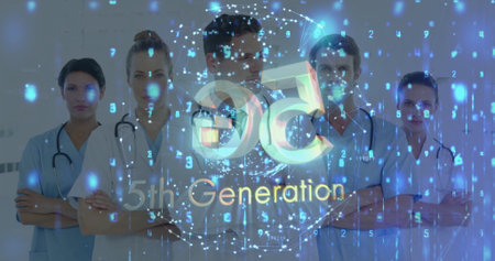 Medical team in scrubs standing in corridor projecting 5th Generation logo with floating symbols....