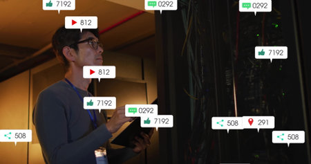 Inspecting IT engineer monitoring rack in data center, tablet ID badge digital icons, copy space. Technology, cybersecurity, data management, professional, digital, infrastructure, innovationの写真素材