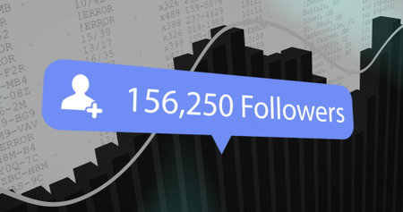 Blue notification bubble floating over digital bar chart, with user-plus icon and trend line. Analytics, data visualization, digital infographic, statistic, growth, technology, corporateの写真素材