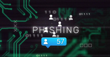 Displaying PHISHING text pulsing on dark interface, with user icons and blue notification bubble. Cybersecurity, digital, interface, network, technology, threat, protectionの写真素材
