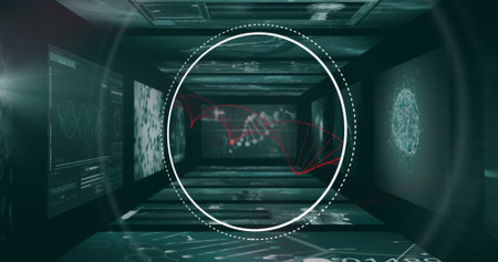 Floating central overlay showing red DNA helix in futuristic data corridor, with holographic charts....