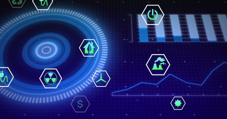 Displaying blue circular HUD element projecting data on digital dashboard, with hexagonal icons....