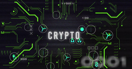 Displaying CRYPTO letters glowing on dark interface, highlighting green circuit traces and icons....