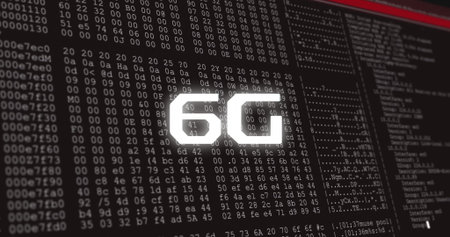 Displaying glowing 6G characters overlaying hex code and ASCII lines on computer screen, 6G network....