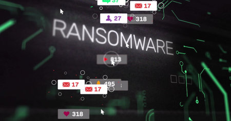 Displaying ransomware text on UI showing envelope user heart padlock play icons, circuit nodes. Cybersecurity, digital, futuristic, protection, network, technology, dataの写真素材